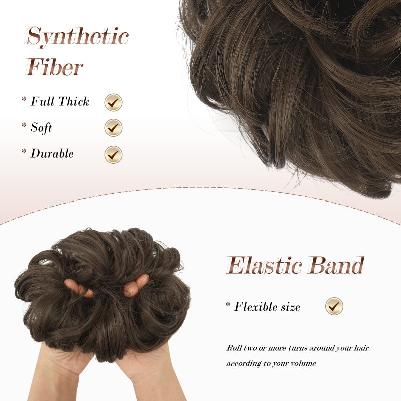 FESHFEN Messy Bun Hair Piece - Large Elastic Wavy Curly Hair Bun Scrunchies Ponytail Extensions Synthetic Chignon Hairpieces for Women, Golden Brown 1.94oz - Image 4